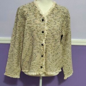 Coldwater Creek Earthy Boho Fringed Textured Dress Up Buttoned Cardigan Top